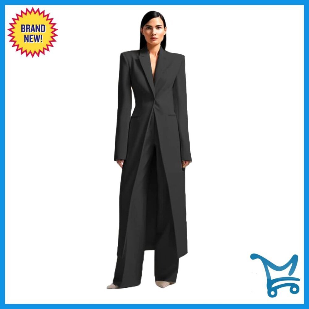 Women's Slim Fit Long Blazer & Pants Suit Set Polyester Cotton Formal Wear